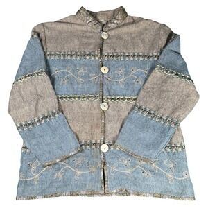 Flashback XL Cotton Jacket Embroidered Floral Bohemian Hippie Chic Blue Beige